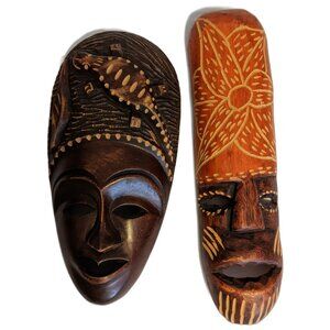Vintage Set of 2 Small Hand Carved Wooden Masks Signed Folk African Wall Art 10"